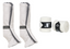 Set of white protective leg wraps with gray accents and black labels on a white background.