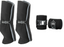 Set of black protective leg wraps with gray accents on a white background